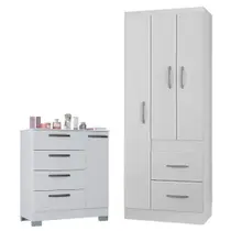 Cômoda 868 4 Gavetas E 1 Porta Com Guarda Roupa Solteiro Milão 3 Portas Branco Brilho - Poquema