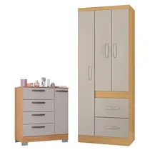 Cômoda 868 4 Gavetas e 1 Porta com Guarda Roupa Solteiro Milão 3 Portas Damasco Off White - Poquema