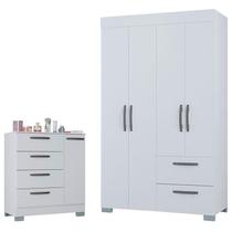 Cômoda 868 4 Gavetas e 1 Porta com Guarda Roupa Solteiro Tóquio 4 Portas Branco Brilho - Poquema