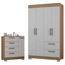 Cômoda 868 4 Gavetas e 1 Porta com Guarda Roupa Solteiro Tóquio 4 Portas Castanho Off White - Poquema Cômoda 868 4 Gavetas e 1 Porta com Guarda Roupa Solteiro Tóquio 4 Portas Castanho Off White - Poquema