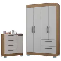 Cômoda 868 4 Gavetas e 1 Porta com Guarda Roupa Solteiro Tóquio 4 Portas Castanho Off White - Poquema Cômoda 868 4 Gavetas e 1 Porta com Guarda Roupa Solteiro Tóquio 4 Portas Castanho Off White - Poquema