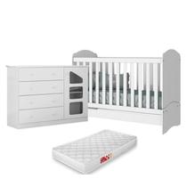 Cômoda Algodão Doce Sapateira 4 Gavetas MDF + Berço Mini Cama Pirulito Branco c/ Colchão - Bela Móveis