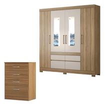 Cômoda Astral e Guarda Roupa Casal Bilbao Amêndola Off White com Espelho - Demóbile