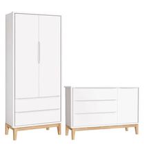 Cômoda com Porta e Guarda Roupa Infantil 2 Portas New Classic Branco com Pés Madeira Natural Reller