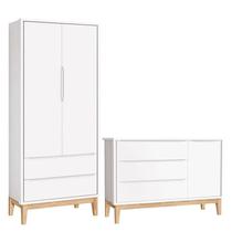 Cômoda com Porta e Guarda Roupa Infantil 2 Portas New Classic Branco com Pés Madeira Natural Reller Cômoda com Porta e Guarda Roupa Infantil 2 Portas New Classic Branco com Pés Madeira Natural Reller