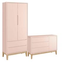 Cômoda com Porta e Guarda Roupa Infantil 2 Portas New Classic Rosa com Pés Madeira Natural - Reller Cômoda com Porta e Guarda Roupa Infantil 2 Portas New Classic Rosa com Pés Madeira Natural - Reller