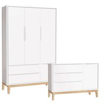 Cômoda com Porta e Guarda Roupa Infantil 3 Portas New Classic Branco com Pés Madeira Natural Reller Cômoda com Porta e Guarda Roupa Infantil 3 Portas New Classic Branco com Pés Madeira Natural Reller