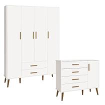 Cômoda Com Porta E Guarda Roupa Infantil 4 Portas Isis Branco Acetinado - Reller