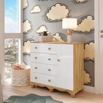 Cômoda de Bebê com 1 Porta e 4 Gavetas 100% MDF Mimo Branco Brilho/Amêndoa