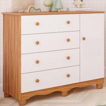 Cômoda de Bebê Infantil 1 Porta com Janela 4 Gavetas 100 MDF Juinior peroba infantil Amendoa Branco