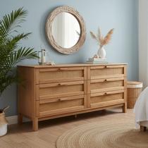 Cômoda de Luxo Madeira Maciça com 6 Gavetas, Rattan e Cera Natural com Toque Acetinado Acapulco Marrom
