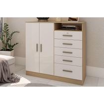 Cômoda de Quarto Guatemala c/ 2 Portas 1 Nicho e 5 Gavetas (1 c/ Chave) Freijo/White Laca - Genialflex