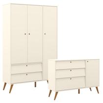 Cômoda e Guarda Roupa Infantil 3 Portas Retro Gold Off White Eco Wood Matic