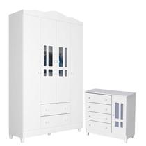 Cômoda e Guarda Roupa Infantil Ariel 4 Portas Branco Brilho - Carolina