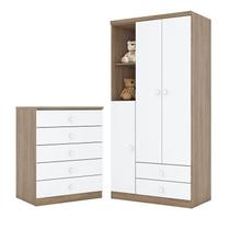 Cômoda e Guarda Roupa Infantil Bala de Menta Rústico Branco - Henn Cômoda e Guarda Roupa Infantil Bala de Menta Rústico Branco - Henn