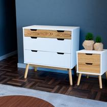 Cômoda e Mesa de Cabeceira Lara Branco/Pinus Cera Cômoda e Mesa de Cabeceira Lara Branco/Pinus Cera