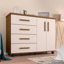 Cômoda Encanto com 04 Gavetas 02 Portas e Rodízios Amêndoa off White Cômoda Encanto com 04 Gavetas 02 Portas e Rodízios Amêndoa off White