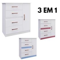 Cômoda Flex 3 em 1 com 4 Gavetas e 1 Porta - Personalizável em Branco, Rosa e Azul