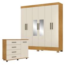 Cômoda Flora e Guarda Roupa Casal Prático Cinamon Touch Off White com Espelho Demóbile