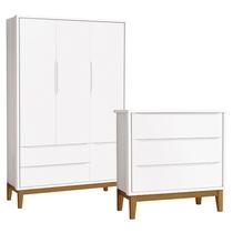 Cômoda Gaveteiro com Guarda Roupa Infantil 3 Portas New Classic Branco com Pés Madeira - Reller Cômoda Gaveteiro com Guarda Roupa Infantil 3 Portas New Classic Branco com Pés Madeira - Reller