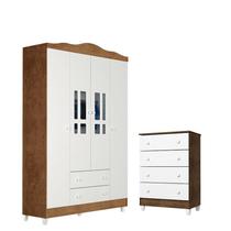 Cômoda Gaveteiro e Guarda Roupa Ariel 4 Portas Branco Acetinado Amadeirado - Carolina Cômoda Gaveteiro e Guarda Roupa Ariel 4 Portas Branco Acetinado Amadeirado - Carolina