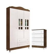 Cômoda Gaveteiro e Guarda Roupa Ariel Branco Acetinado Amadeirado - Carolina