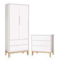 Cômoda Gaveteiro e Guarda Roupa Infantil 2 Portas New Classic Branco com Pés Madeira Natural Reller