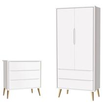 Cômoda Gaveteiro Infantil e Guarda Roupa 2 Portas Theo Branco Acetinado Pés Madeira Natural Reller Cômoda Gaveteiro Infantil e Guarda Roupa 2 Portas Theo Branco Acetinado Pés Madeira Natural Reller