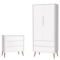 Cômoda Gaveteiro Infantil e Guarda Roupa 2 Portas Theo Branco Acetinado Pés Madeira Natural Reller Cômoda Gaveteiro Infantil e Guarda Roupa 2 Portas Theo Branco Acetinado Pés Madeira Natural Reller