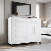 Cômoda Gran Luxo Multiuso com 6 Gavetas Amplas Rodízios Porta Televisão e Sapateira Dupla - Branco Cômoda Gran Luxo Multiuso com 6 Gavetas Amplas Rodízios Porta Televisão e Sapateira Dupla - Branco