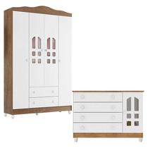 Cômoda Gran Selena e Guarda Roupa Infantil New Selena 4 Portas Branco Acetinado Amadeirado Carolina Móveis
