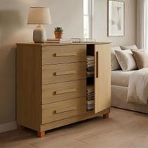 Cômoda Grécia 4 Gavetas com Porta Nicho Interno e Pés em Madeira para Dormitório Moderno - Amêndoa Cômoda Grécia 4 Gavetas com Porta Nicho Interno e Pés em Madeira para Dormitório Moderno - Amêndoa
