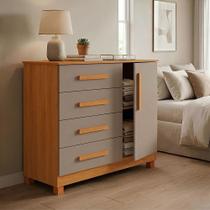 Cômoda Grécia com 4 Gavetas e Porta Nicho Interno Pés Madeira Moderna para Quarto - Nature/gris Cômoda Grécia com 4 Gavetas e Porta Nicho Interno Pés Madeira Moderna para Quarto - Nature/gris