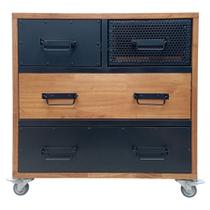 Cômoda Industrial de Madeira Maciça com 4 Rodízios e 4 Gavetas Revestidas com Ferro