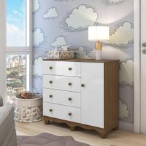 Cômoda Infantil 1 Porta 4 Gavetas 100% MDF Mimo Branco Brilho/Carvalho Cômoda Infantil 1 Porta 4 Gavetas 100% MDF Mimo Branco Brilho/Carvalho