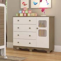 Cômoda Infantil 1 Porta com Janela 4 Gavetas 100% MDF Mimo Branco Brilho/Carvalho Cômoda Infantil 1 Porta com Janela 4 Gavetas 100% MDF Mimo Branco Brilho/Carvalho