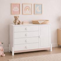 Cômoda Infantil 4 Gavetas com Porta e Cabideiro Linha Luna Branco/Neve/Renda