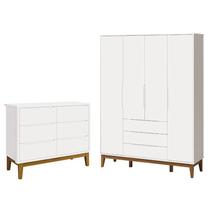 Cômoda Infantil 6 Gavetas com Guarda Roupa Classic Elfe Branco Acetinado com Pés Madeira - Reller