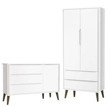 Cômoda Infantil com Porta e Guarda Roupa 2 Portas Theo Branco Acetinado com Pés Amadeirado Reller Cômoda Infantil com Porta e Guarda Roupa 2 Portas Theo Branco Acetinado com Pés Amadeirado Reller