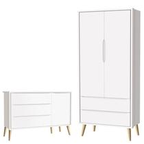 Cômoda Infantil com Porta e Guarda Roupa 2 Portas Theo Branco Acetinado Pés Madeira Natural Reller