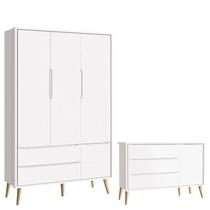 Cômoda Infantil com Porta e Guarda Roupa 3 Portas Theo Branco Acetinado Pés Madeira Natural Reller