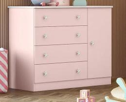 Cômoda infantil DOCE SONHO - 4 GAVETAS COM SAPATEIRA ROSA ACETINADO