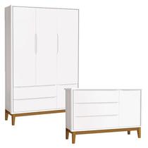 Cômoda Infantil e Guarda Roupa 3 Portas New Classic Branco com Pés Madeira Reller