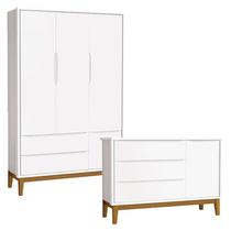 Cômoda Infantil e Guarda Roupa 3 Portas New Classic Branco com Pés Madeira Reller