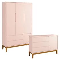 Cômoda Infantil E Guarda Roupa 3 Portas New Classic Rosa Com Pés Madeira - Reller Cômoda Infantil E Guarda Roupa 3 Portas New Classic Rosa Com Pés Madeira - Reller