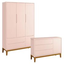 Cômoda Infantil e Guarda Roupa 3 Portas New Classic Rosa com Pés Madeira Reller