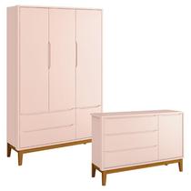 Cômoda Infantil e Guarda Roupa 3 Portas New Classic Rosa com Pés Madeira Reller Cômoda Infantil e Guarda Roupa 3 Portas New Classic Rosa com Pés Madeira Reller