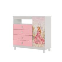 Cômoda Infantil Princesa 4 Gavetas com Porta Organizador Quarto Menina MDF com Corrediças Telescópicas Prateleira Removível