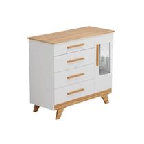 Cômoda Infantil Retrô c/ 1 Porta Cristal e 4 Gavetas Branco/Carvalho - Peroba Cômoda Infantil Retrô c/ 1 Porta Cristal e 4 Gavetas Branco/Carvalho - Peroba