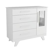 Cômoda Infantil Retrô Peroba em MDF Branco 4 Gavetas 1 Porta